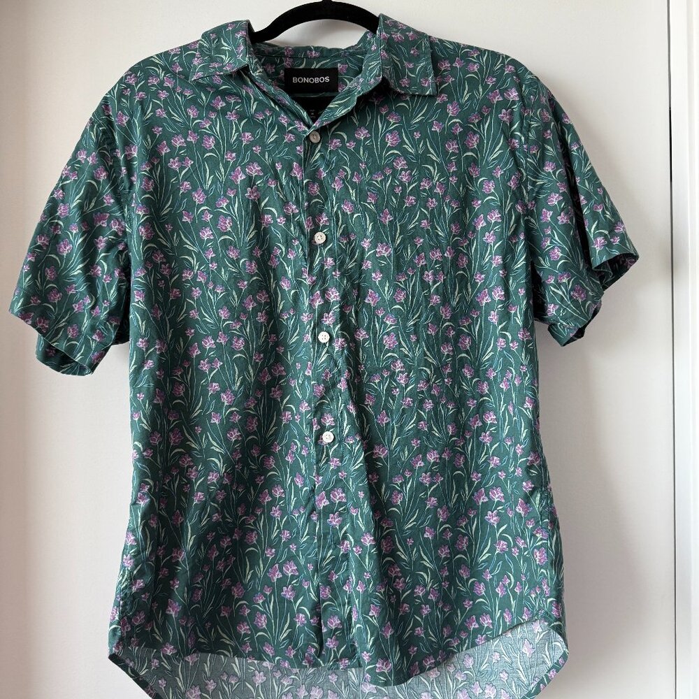 Bonobos Green and Purple Floral Cotton Short-Sleeved Button-Up Shirt